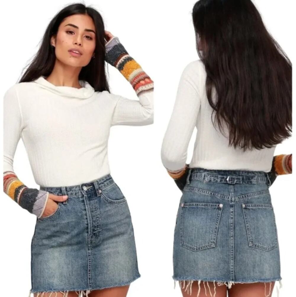 Free People We the Free Rugged A-Line Denim Mini Skirt Size 26 in Blue